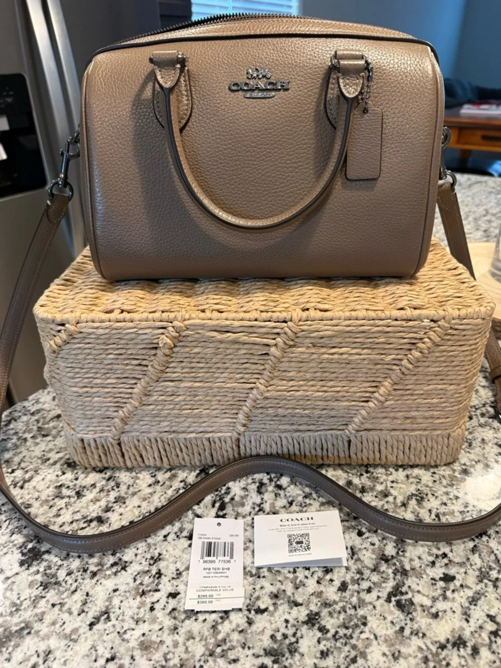 Coach Satchel Top Handle Bag Dark Stone Pebbled Leather Tag Detachable Strap - Picture 3 of 7